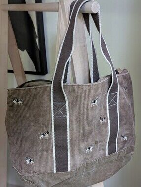 Vintage L.L. Bean Woven Lightweight Corduroy Embroidered Dog Tote Bag in Taupe